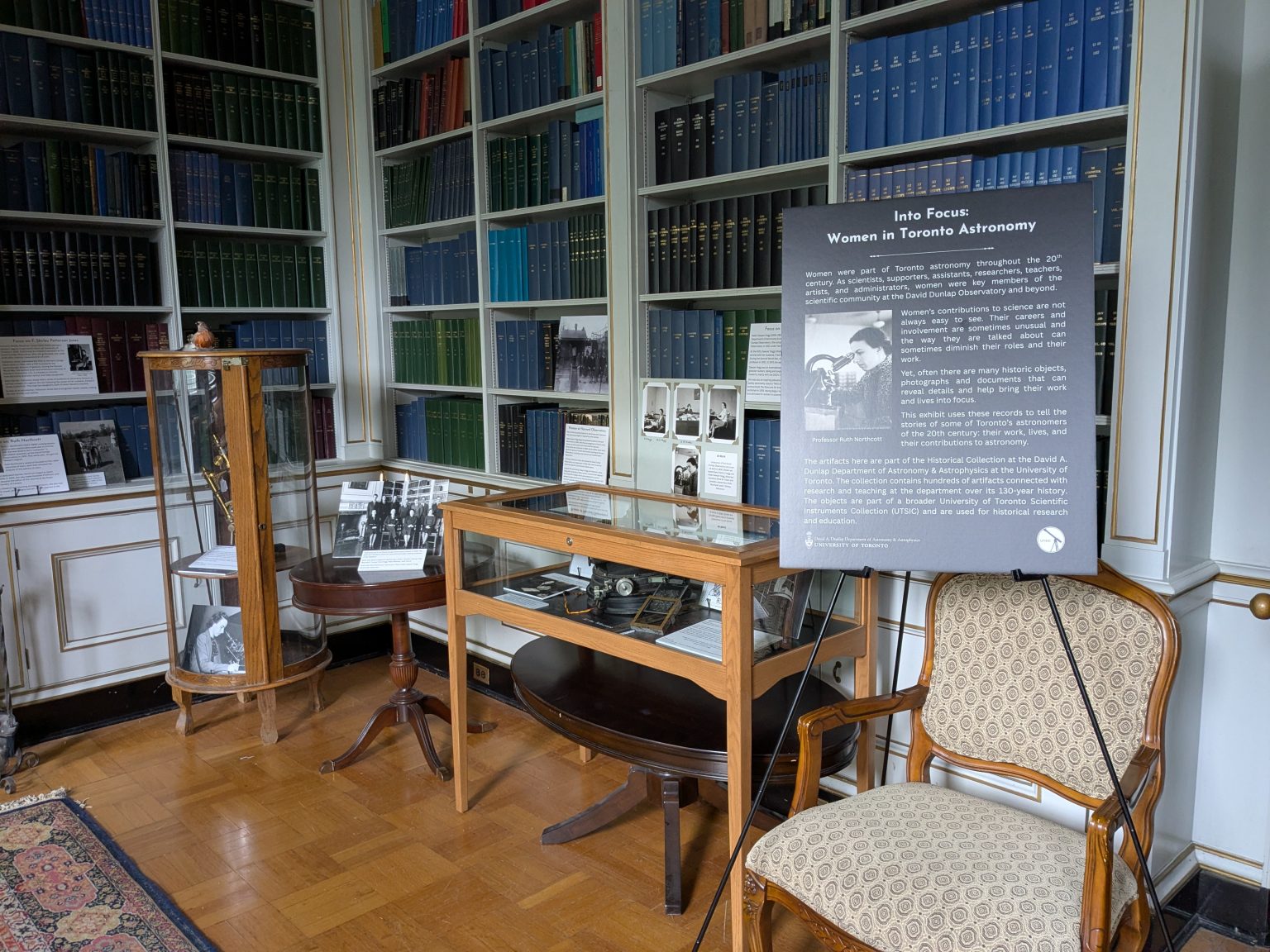 Some of the display cases that form part of the exhibit "Into Focus: Women of Toronto Astronomy" at the Richmond Hill David Dunlap Observatory.